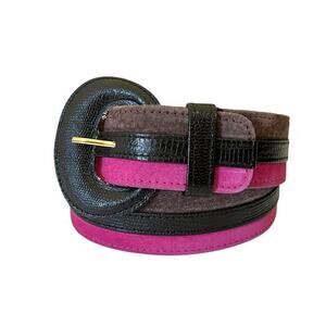 Vintage Jaeger Mod Striped Pink Brown Suede Black Leather Wide Belt - Size 30"
